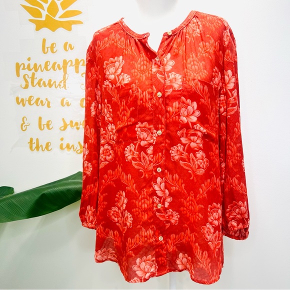 ANTHROPOLOGIE AKEMI + KIN Red Orange Floral Button Down Top Blouse Size Medium - Picture 2 of 10